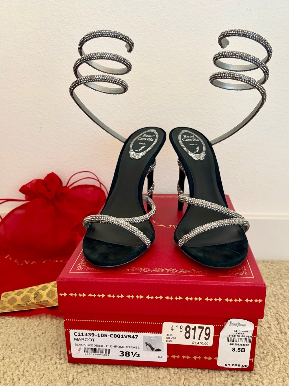 Rene Caovilla Black Suede Crystal Spiral-Strap Heeled Sandals